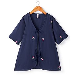Babyhug Three Fourth Sleeve Rayon Floral Embroidered Ethnic Dress with Shrug - Navy & Fuchsia