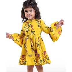 Babyhug 100% Cotton Woven Floral Printed Three Fourth Sleeve Ethnic Dress  - Yellow