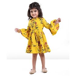 Babyhug 100% Cotton Woven Floral Printed Three Fourth Sleeve Ethnic Dress  - Yellow