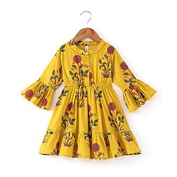 Babyhug 100% Cotton Woven Floral Printed Three Fourth Sleeve Ethnic Dress  - Yellow