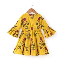 Babyhug 100% Cotton Woven Floral Printed Three Fourth Sleeve Ethnic Dress  - Yellow
