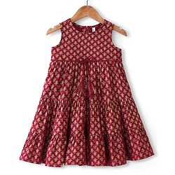 Babyhug 100% Cotton Woven Sleeveless Floral Printed Ethnic Dress -Maroon