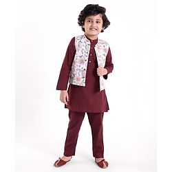 Babyhug 100% Cotton Full Sleeves Woven Solid Colour Kurta Pyjama Set with Floral Printed Jacket-  Maroon