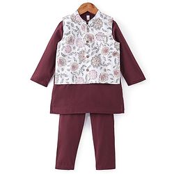 Babyhug 100% Cotton Full Sleeves Woven Solid Colour Kurta Pyjama Set with Floral Printed Jacket-  Maroon