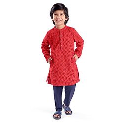 Babyhug Three Full Schiffly Embroidered Kurta With Pyjama Set-Red