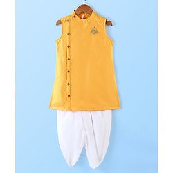 Babyhug Rayon Dobby Sleeveless Kurta & Dhoti Set With Embroidery- Yellow