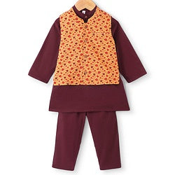 Teentaare Cotton Full Sleeves Kurta & Pajama Set with Jacket Floral Print - Maroon