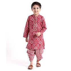 Babyhug Cotton Full Sleeves Ethnic Block Printed Kurta & Dhoti Set  - Red