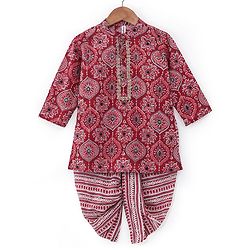Babyhug Cotton Full Sleeves Ethnic Block Printed Kurta & Dhoti Set  - Red