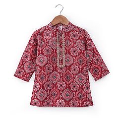 Babyhug Cotton Full Sleeves Ethnic Block Printed Kurta & Dhoti Set  - Red
