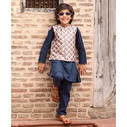 Babyhug Cotton Full Sleeves Solid Kurta & Pyjama Set With Printed Jacket- Navy Blue
