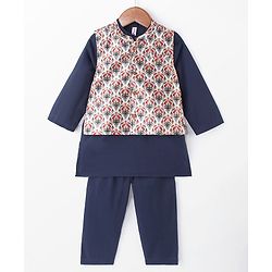 Babyhug Cotton Full Sleeves Solid Kurta & Pyjama Set With Printed Jacket- Navy Blue
