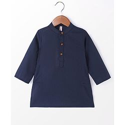 Babyhug Cotton Full Sleeves Solid Kurta & Pyjama Set With Printed Jacket- Navy Blue