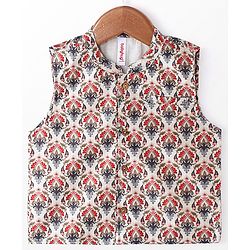 Babyhug Cotton Full Sleeves Solid Kurta & Pyjama Set With Printed Jacket- Navy Blue