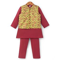 Babyhug Cotton Woven Full Sleeves Solid Kurta & Pajama Set with Floral Print Jacket - Red & Yellow