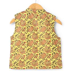 Babyhug Cotton Woven Full Sleeves Solid Kurta & Pajama Set with Floral Print Jacket - Red & Yellow