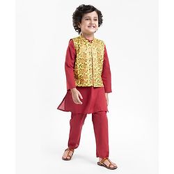 Babyhug Cotton Woven Full Sleeves Solid Kurta & Pajama Set with Floral Print Jacket - Red & Yellow