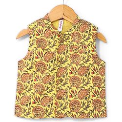 Babyhug Cotton Woven Full Sleeves Solid Kurta & Pajama Set with Floral Print Jacket - Red & Yellow