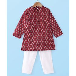 Babyhug Cotton Woven Full Sleeves Floral Printed Kurta Pyjama Set - Red