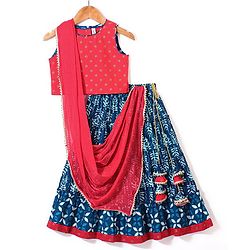 Babyhug Cotton Sleeveless Printed Choli with Lehenga  and Dupatta Set - Indigo