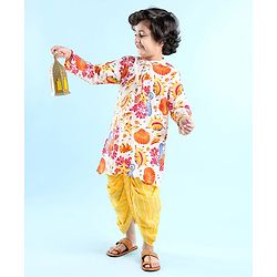 Babyhug Cotton Woven Kurta with Dhoti Set Sea Life Print - White & Yellow