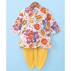 Babyhug Cotton Woven Kurta with Dhoti Set Sea Life Print - White & Yellow