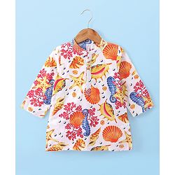 Babyhug Cotton Woven Kurta with Dhoti Set Sea Life Print - White & Yellow