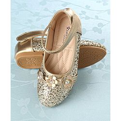 Cute Walk by Babyhug Front Strap Closure Bellies with Flower Applique and Embellishments - Golden
