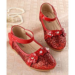 Cute Walk by Babyhug Front Strap Closure Bellies with Flower Applique and Embellishments - Red