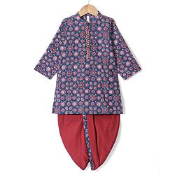 Babyhug 100% Cotton Woven Full Sleeve Floral Printed Kurta & Dhoti Set- Blue