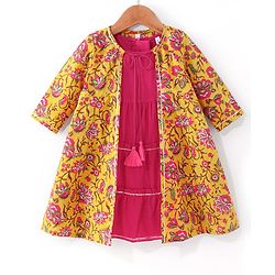 Babyhug Cotton Woven Cambric Printed Ethnic Dress with Three Fourth Sleeves Floral Printed Border Jacket - Mustard & Fuschia