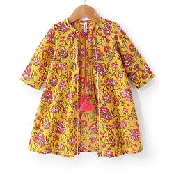 Babyhug Cotton Woven Cambric Printed Ethnic Dress with Three Fourth Sleeves Floral Printed Border Jacket - Mustard & Fuschia