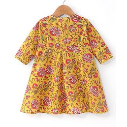 Babyhug Cotton Woven Cambric Printed Ethnic Dress with Three Fourth Sleeves Floral Printed Border Jacket - Mustard & Fuschia