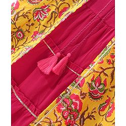 Babyhug Cotton Woven Cambric Printed Ethnic Dress with Three Fourth Sleeves Floral Printed Border Jacket - Mustard & Fuschia