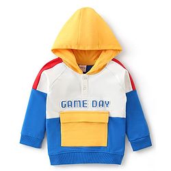 Babyhug Cotton Knit Full Sleeves Puffed Text Printed Hooded Sweatshirt with Cut & Sew Design - White & Blue
