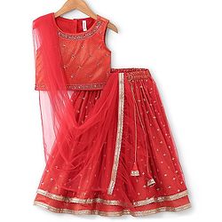 Babyhug Sleeveless Embroidered Shimmer Net Choli With Embroidered Shimmer Net Lehenga And Dupatta Set - Red