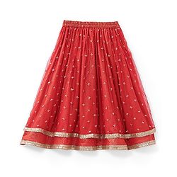 Babyhug Sleeveless Embroidered Shimmer Net Choli With Embroidered Shimmer Net Lehenga And Dupatta Set - Red