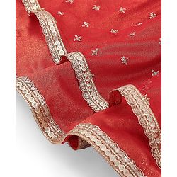 Babyhug Sleeveless Embroidered Shimmer Net Choli With Embroidered Shimmer Net Lehenga And Dupatta Set - Red