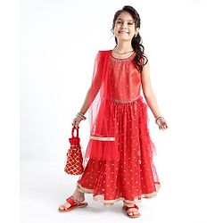 Babyhug Sleeveless Embroidered Shimmer Net Choli With Embroidered Shimmer Net Lehenga And Dupatta Set - Red