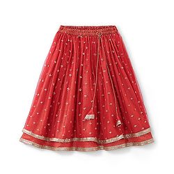 Babyhug Sleeveless Embroidered Shimmer Net Choli With Embroidered Shimmer Net Lehenga And Dupatta Set - Red