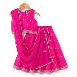 Babyhug Sleeveless Lehenga Choli And Dupatta Set With Floral Embroidered - Hot Pink