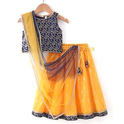 Babyhug Sleeveless Brocade Choli Foil Printed Lehenga and Dupatta Set - Yellow & Navy Blue