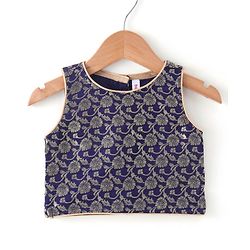 Babyhug Sleeveless Brocade Choli Foil Printed Lehenga and Dupatta Set - Yellow & Navy Blue