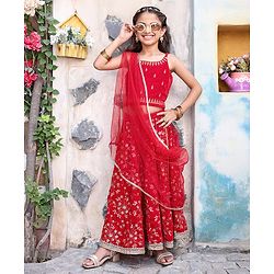 Babyhug Velvet Sleeveless Floral Embroidered Choli Lehenga And Dupatta Set - Red