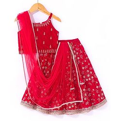 Babyhug Velvet Sleeveless Floral Embroidered Choli Lehenga And Dupatta Set - Red