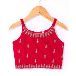 Babyhug Velvet Sleeveless Floral Embroidered Choli Lehenga And Dupatta Set - Red