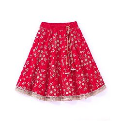 Babyhug Velvet Sleeveless Floral Embroidered Choli Lehenga And Dupatta Set - Red
