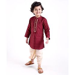Babyhug Dobby Full Sleeves Embroidered Kurta with Solid Dhoti Set - Maroon