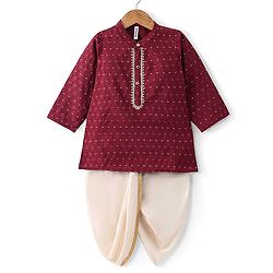Babyhug Dobby Full Sleeves Embroidered Kurta with Solid Dhoti Set - Maroon