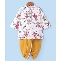 Babyhug 100% Cotton Woven Full Sleeves Kurta and Dhoti Set Floral Print - Ivory & Yellow